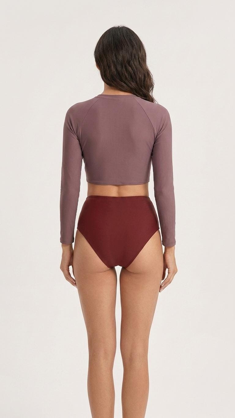 Sporty Long-Sleeve Crop-Top Bikini Set, High-Waist Retro Swimsuit Mauve/Red