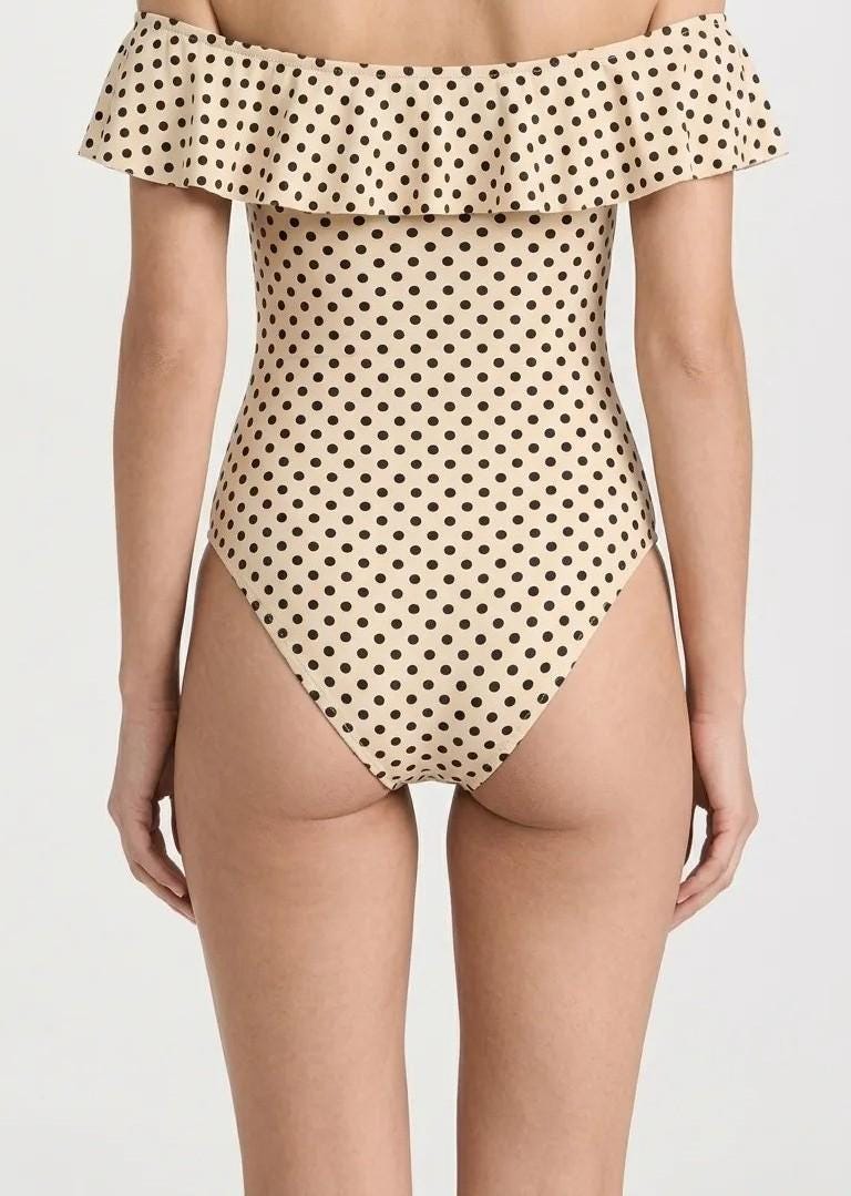 Retro Bardot Polka Dot One-Piece Swimsuit – Coquette Off Shoulder Ruffle Bathing Suit, Vintage-Inspired Swimwear