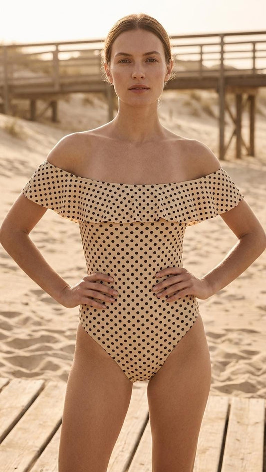Retro Bardot Polka Dot One-Piece Swimsuit – Coquette Off Shoulder Ruffle Bathing Suit, Vintage-Inspired Swimwear