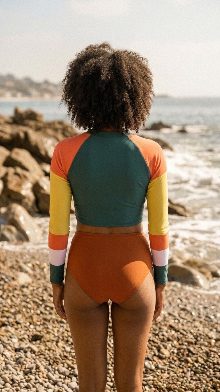 70s Retro Surf Sporty Long-Sleeve Crop-Top Bikini | High-Waist Two-Piece Swimwear | Multicolour