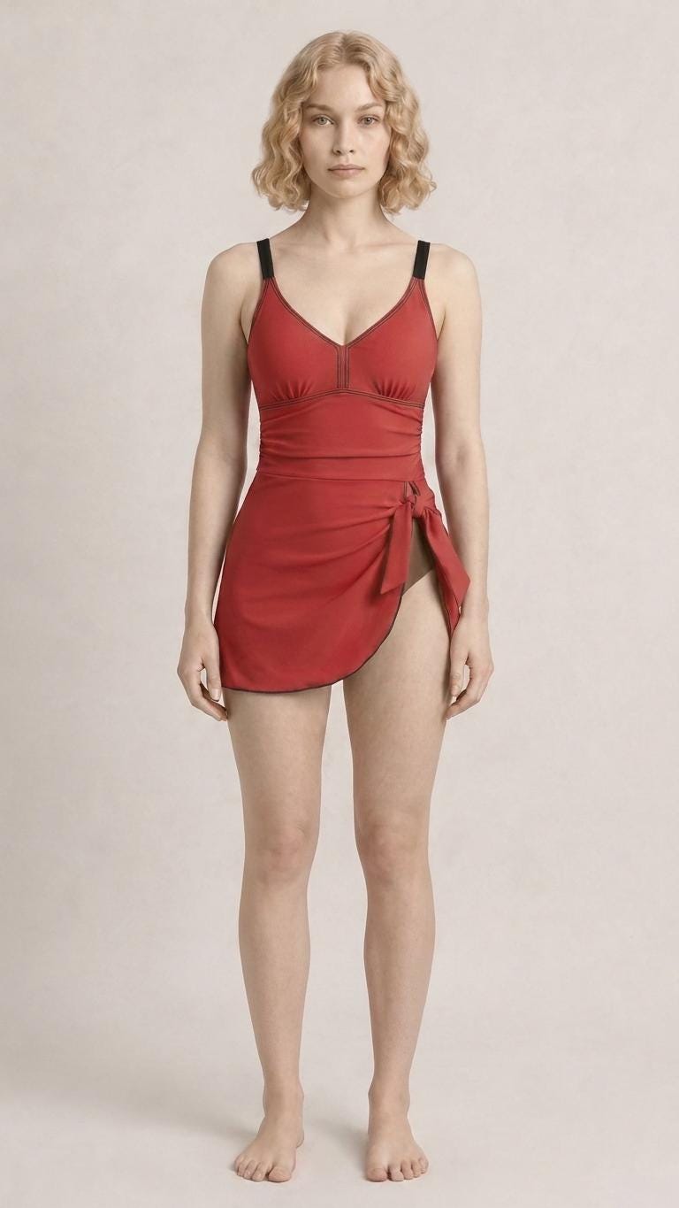 Retro Swim Dress in Red, Integrated Brown Bottoms & Adjustable Straps, Vintage-Inspired Modest One-Piece Romper