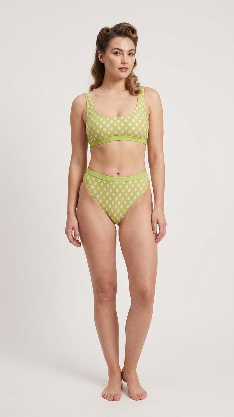 Green & Pink Polka Dot Sporty Classic Bikini – High-Waist High-Leg Swimsuit, Scoop-Neck Crop-Top