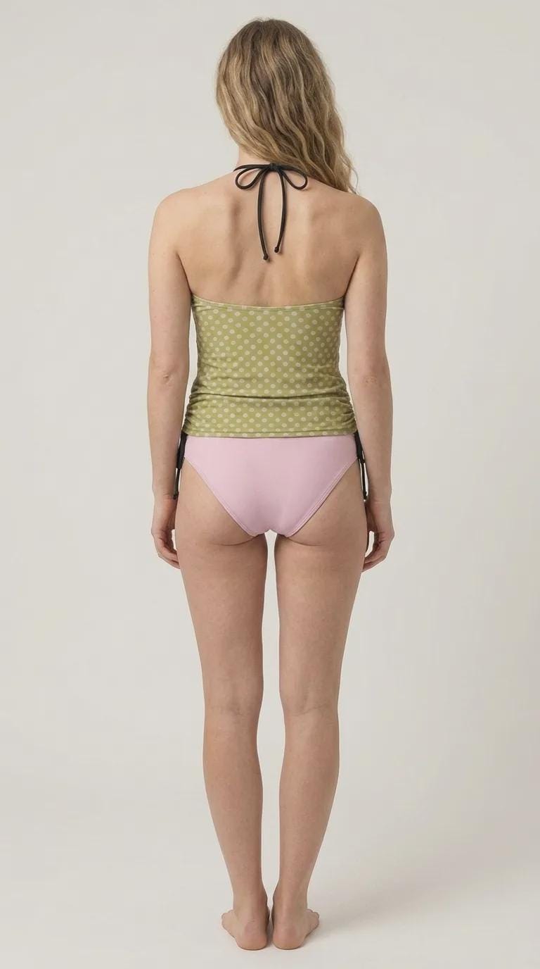 Halter Tankini Two-Piece Swimsuit – Side Drawstrings, Flattering, Comfortable – Green & Pink Polka-Dot