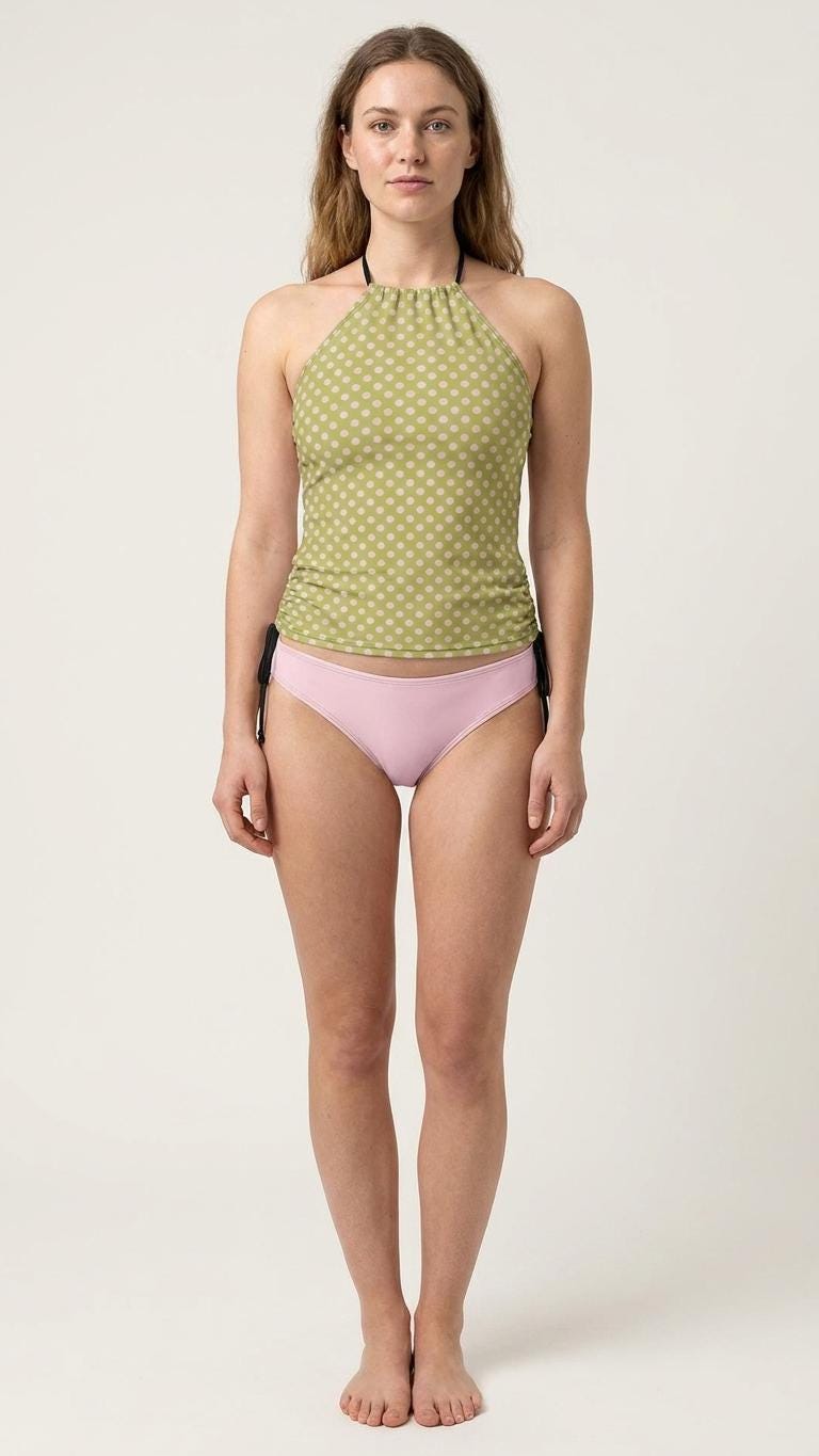 Halter Tankini Two-Piece Swimsuit – Side Drawstrings, Flattering, Comfortable – Green & Pink Polka-Dot