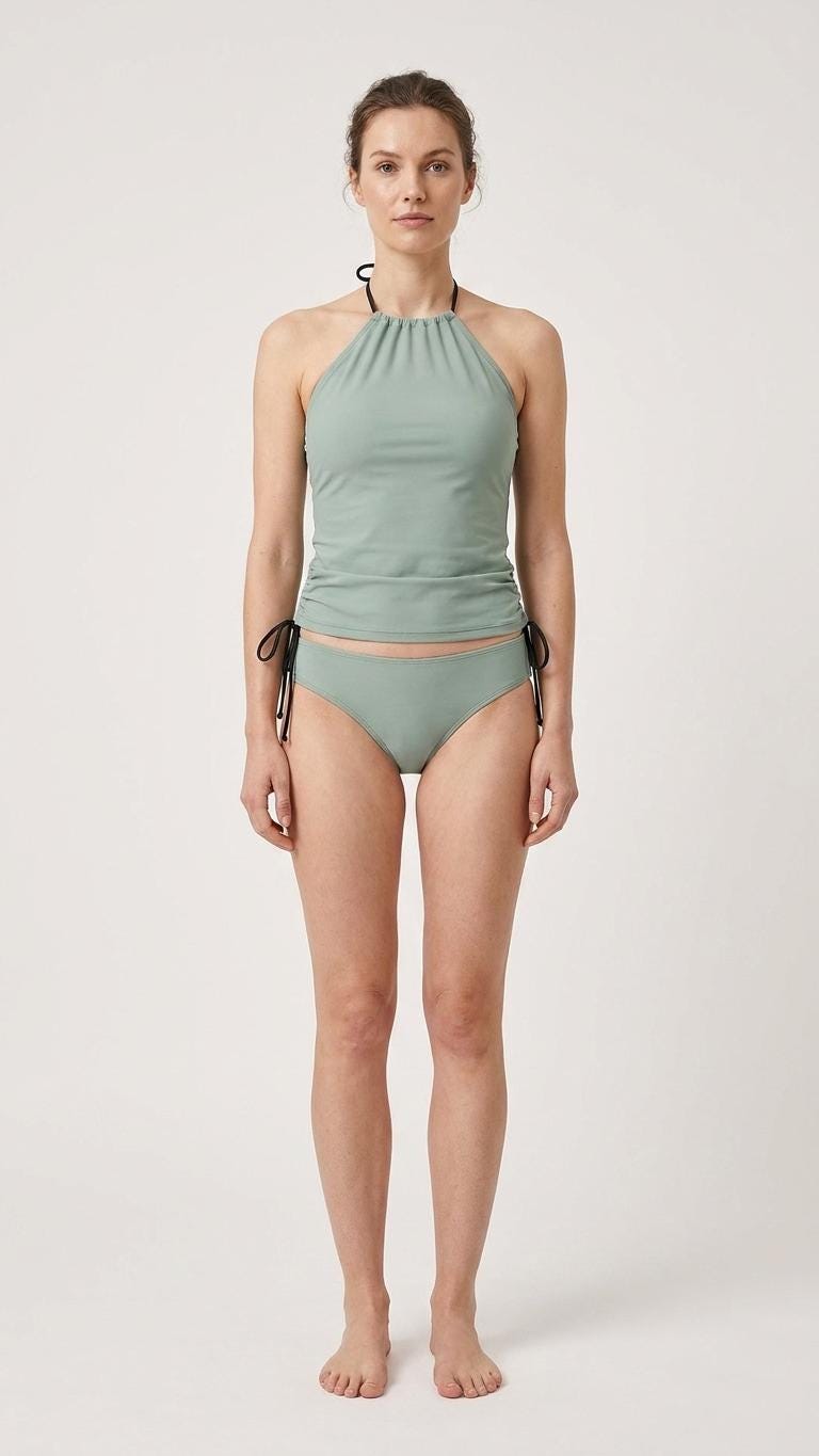 Stylish Halterneck Tankini – Sage Blue Two-Piece Swimsuit with Side Drawstrings, Flattering & Comfortable