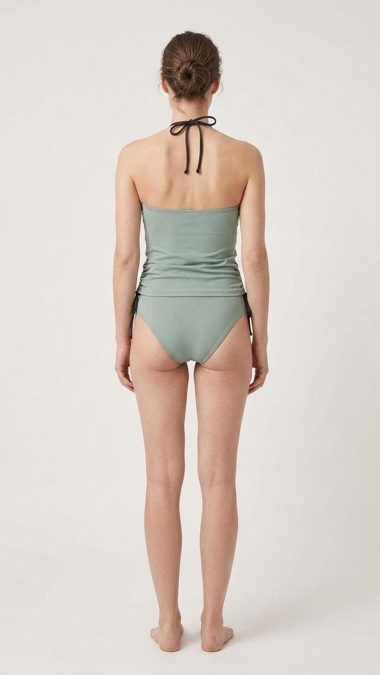 Stylish Halterneck Tankini – Sage Blue Two-Piece Swimsuit with Side Drawstrings, Flattering & Comfortable