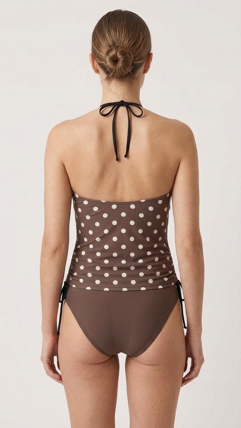 Halter Tankini Two-Piece Swimsuit – Side Drawstrings, Flattering, Comfortable – Brown Polka-Dot