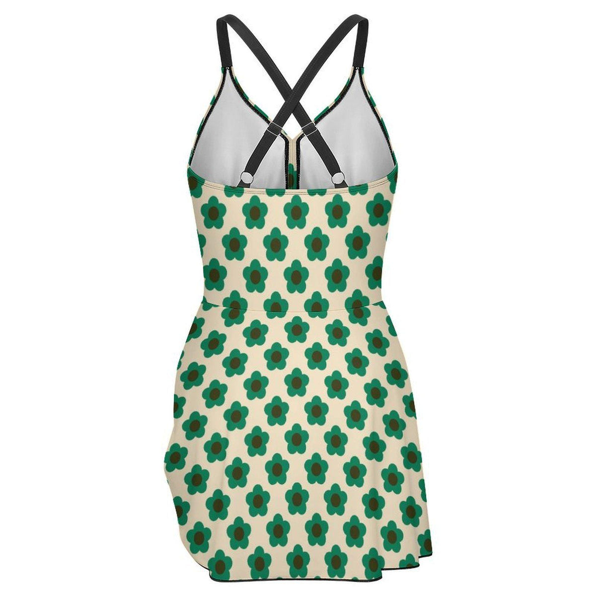 Swim-Dress, Integrated Brown Bottoms & Adjustable Straps, Modest One-Piece, Teal Retro Flowers