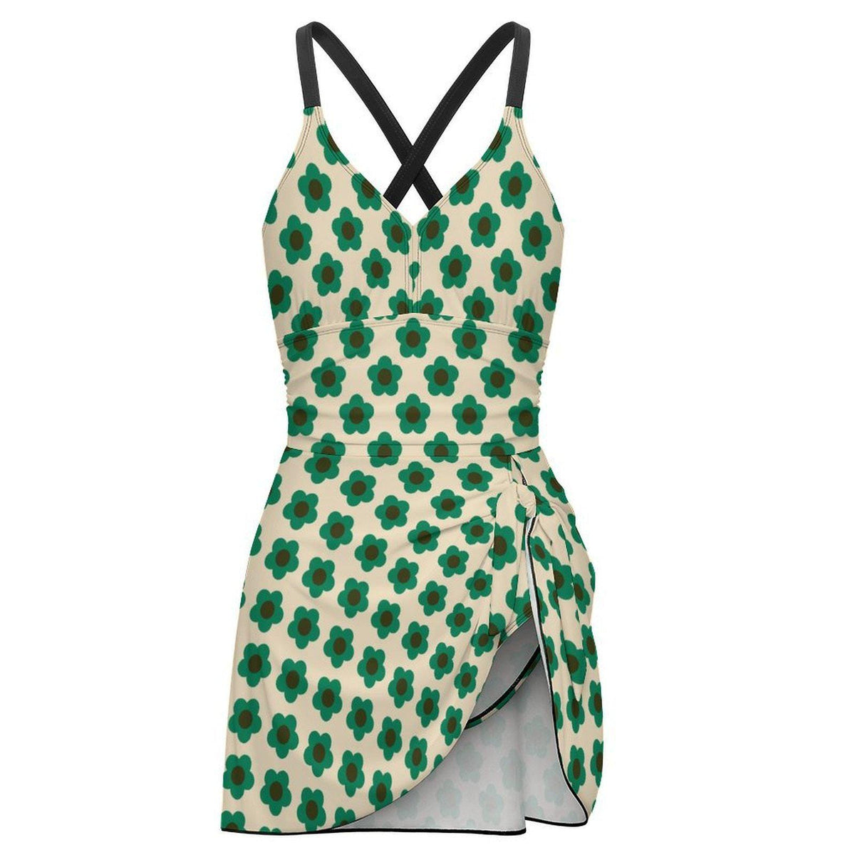 Swim-Dress, Integrated Brown Bottoms & Adjustable Straps, Modest One-Piece, Teal Retro Flowers