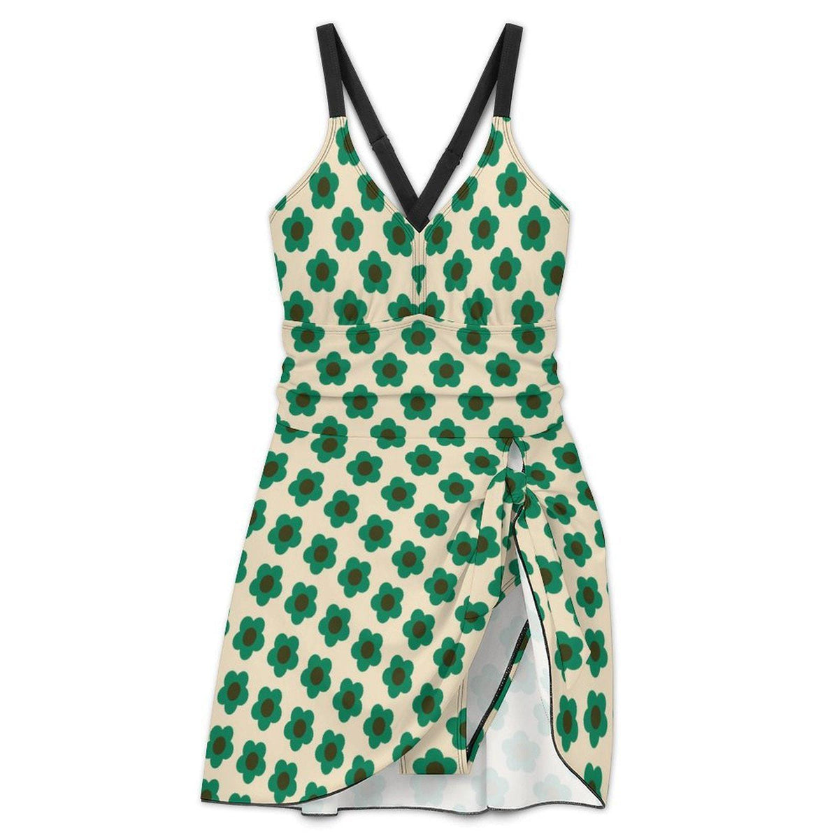 Skirted One-Piece Swimsuit with Cut-Out Detail | Integrated Bottoms | Teal Retro Flowers