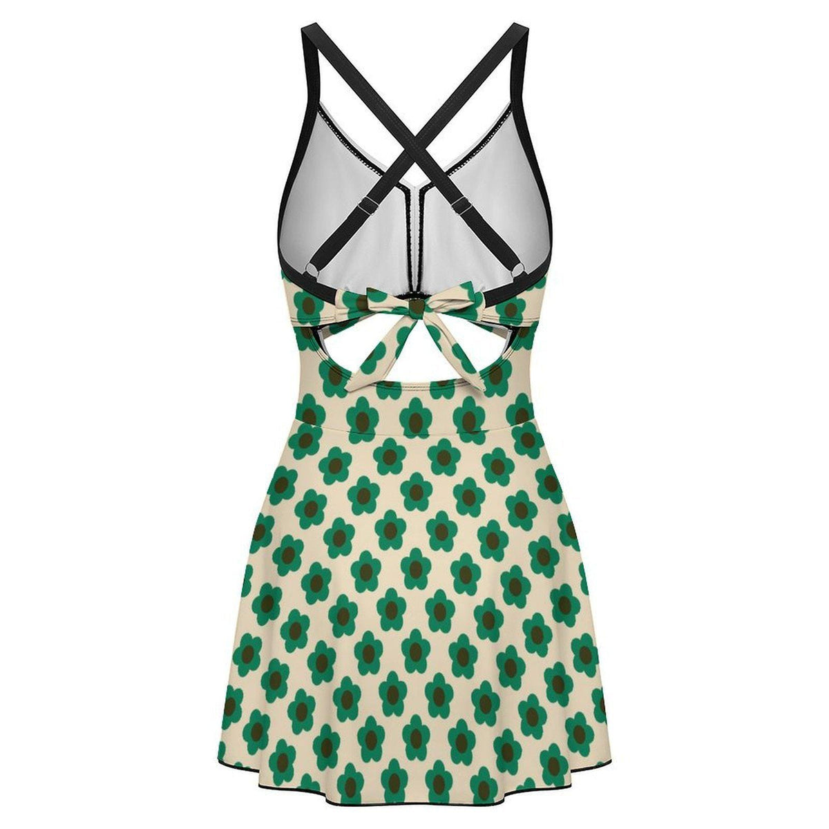 Skirted One-Piece Swimsuit with Cut-Out Detail | Integrated Bottoms | Teal Retro Flowers