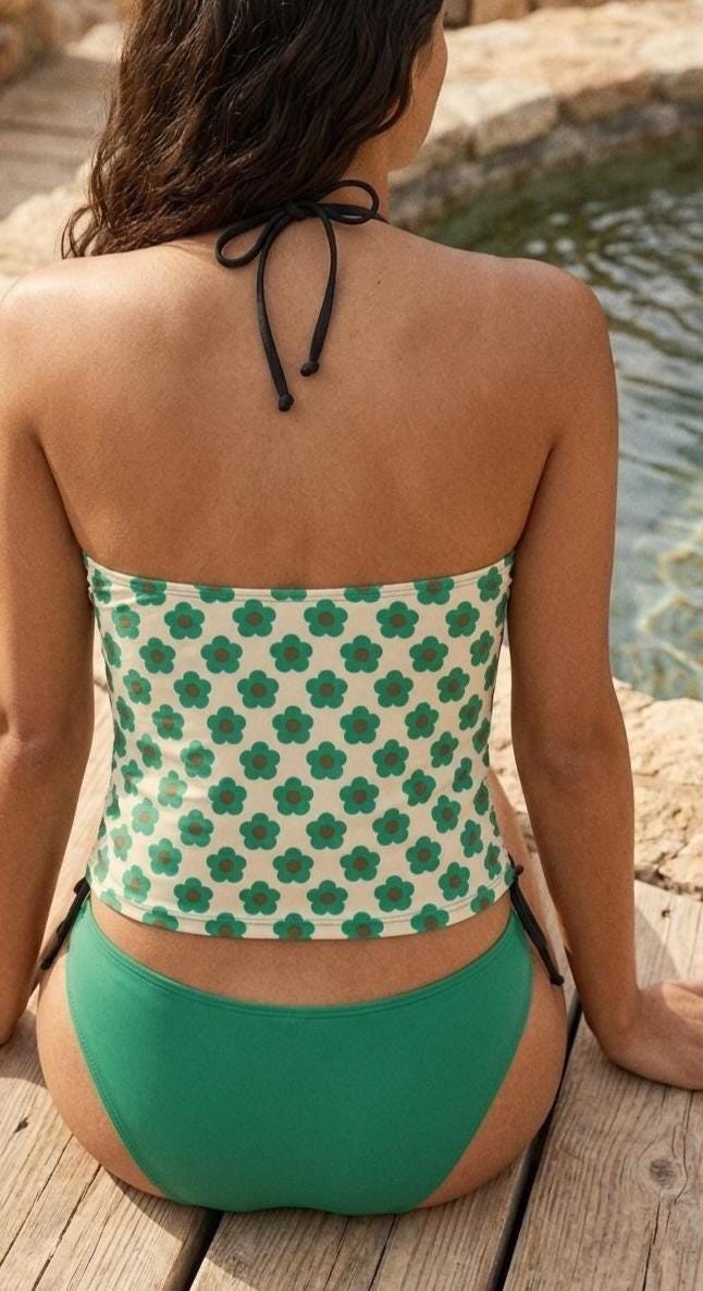 Teal Retro Mid-Century Flowers Tankini: Halter Swimsuit with Drawstrings