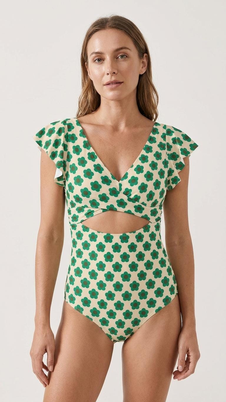 Vintage-Inspired Frill V-Neck Ruffle One-Piece Retro Swimsuit, Padding & Tummy Control, Teal Mid-Century Flowers