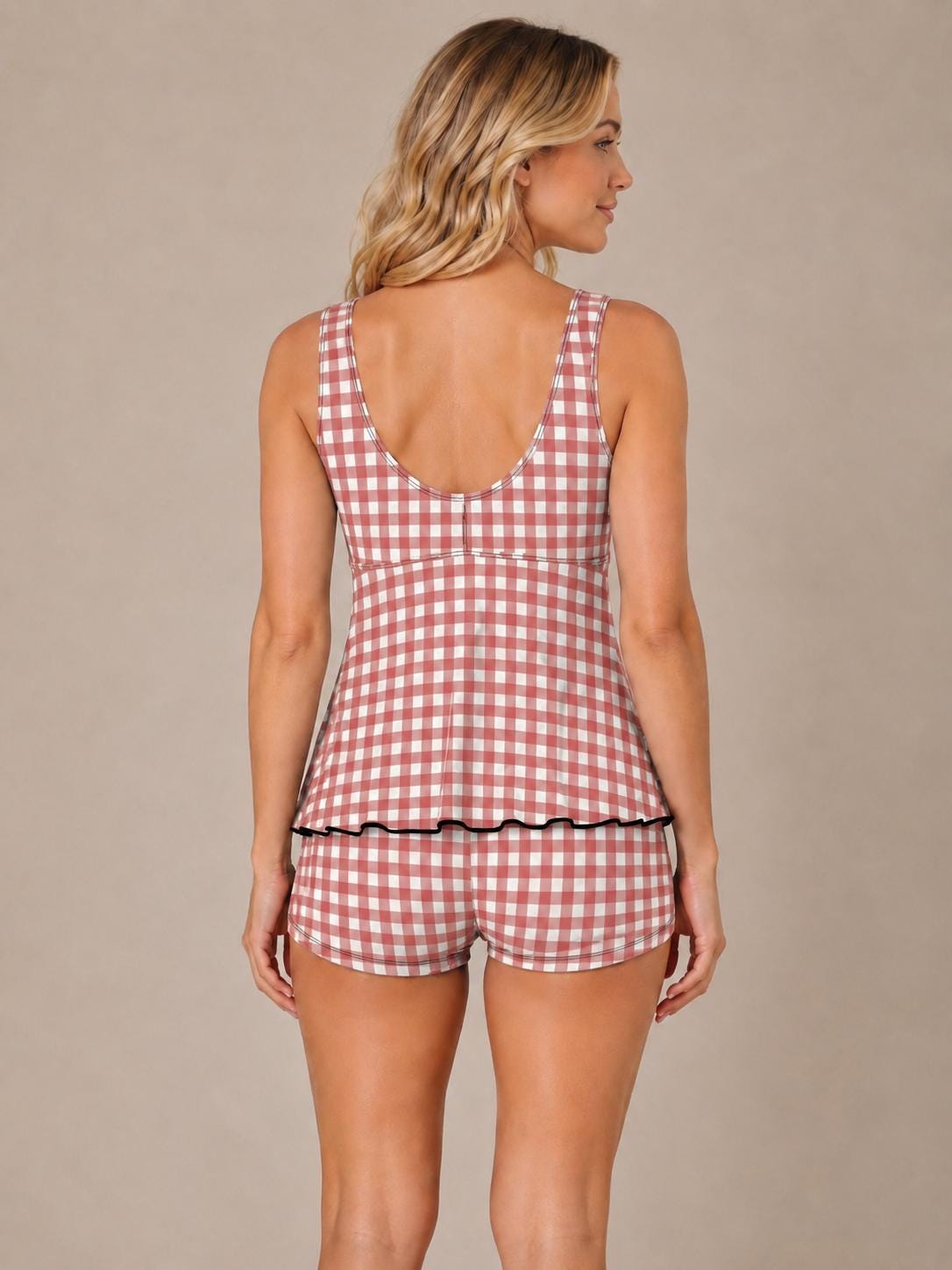 Drawstring Tankini Two-Piece Swimsuit with Boyshort Bottoms, Red Gingham