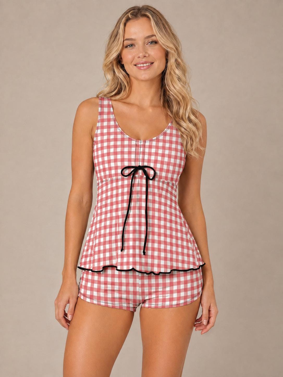 Drawstring Tankini Two-Piece Swimsuit with Boyshort Bottoms, Red Gingham