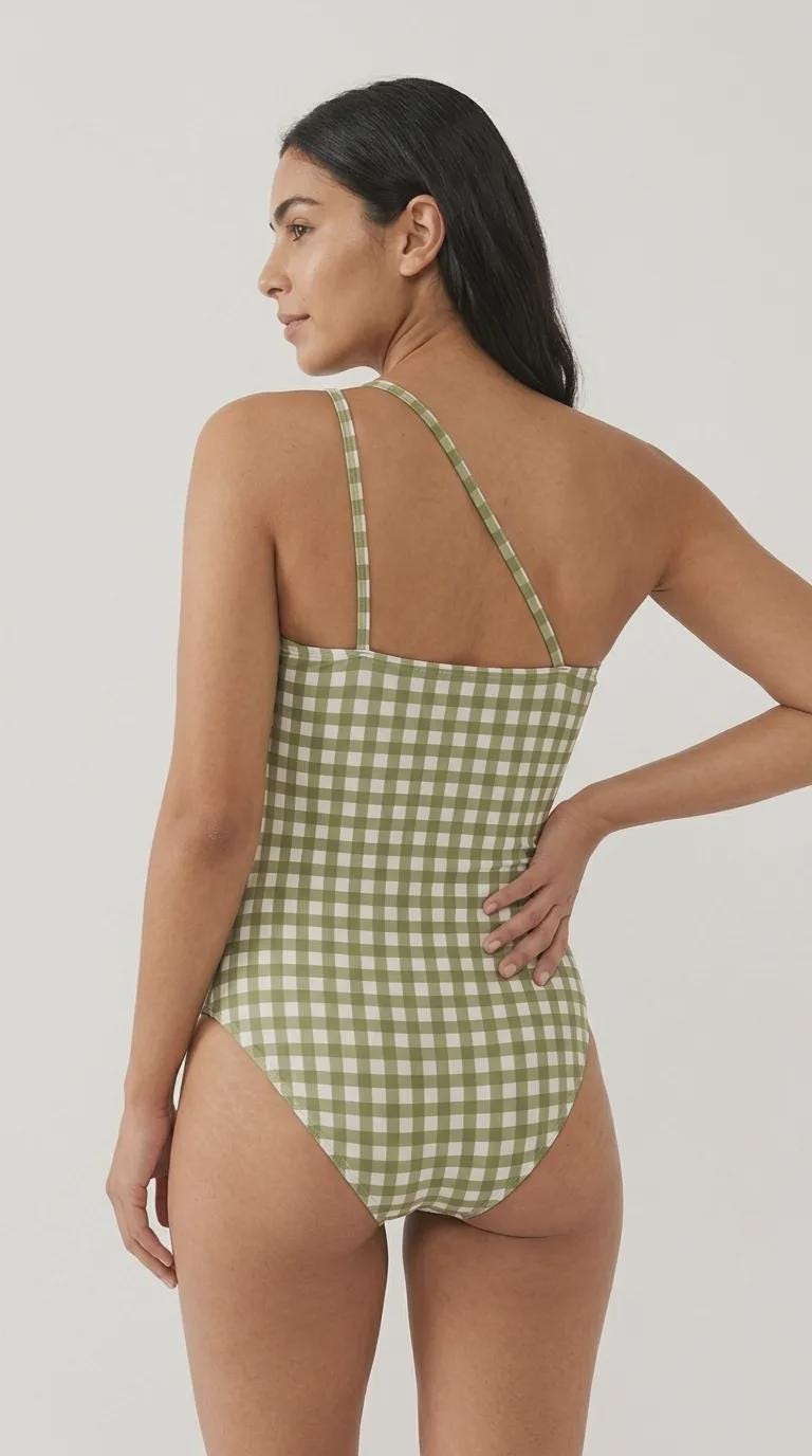Retro One-Shoulder Ruched Swimsuit, Keyhole Strap & Tummy Control, Vintage-Inspired One-Piece, Green Gingham