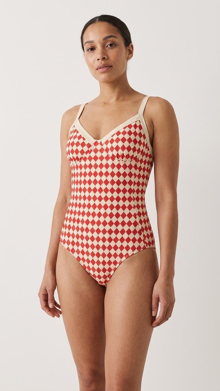 Retro Romantic Push-Up One-Piece Swimsuit with Lace-Up Back, Red Mid-Century Pattern