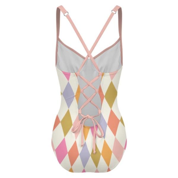 Retro Romantic Boho Push-Up One-Piece Swimsuit with Lace-Up Back, Delicate Harlequin