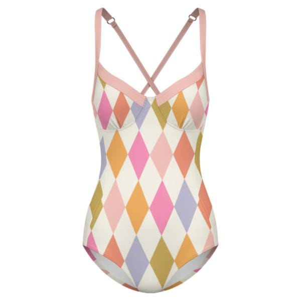 Retro Romantic Boho Push-Up One-Piece Swimsuit with Lace-Up Back, Delicate Harlequin