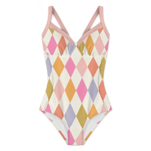 Retro Romantic Boho Push-Up One-Piece Swimsuit with Lace-Up Back, Delicate Harlequin