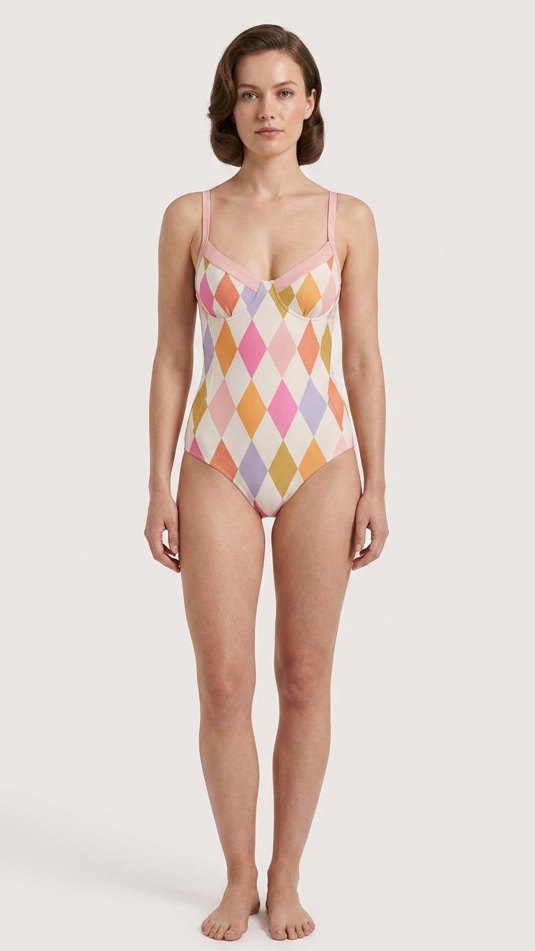 Retro Romantic Boho Push-Up One-Piece Swimsuit with Lace-Up Back, Delicate Harlequin