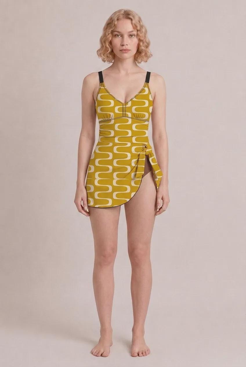 Retro Swim Dress, Integrated Brown Bottoms & Adjustable Straps, Vintage-Inspired Modest One-Piece, Mod Mustard Pattern