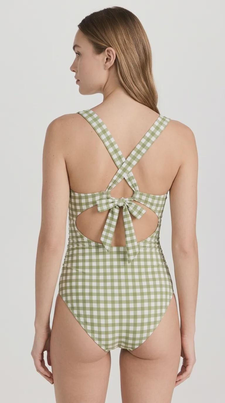 Deep V-Neck Plunge Ruched One-Piece Swimsuit, Cross-Back Tie & Tummy Control, Green Gingham
