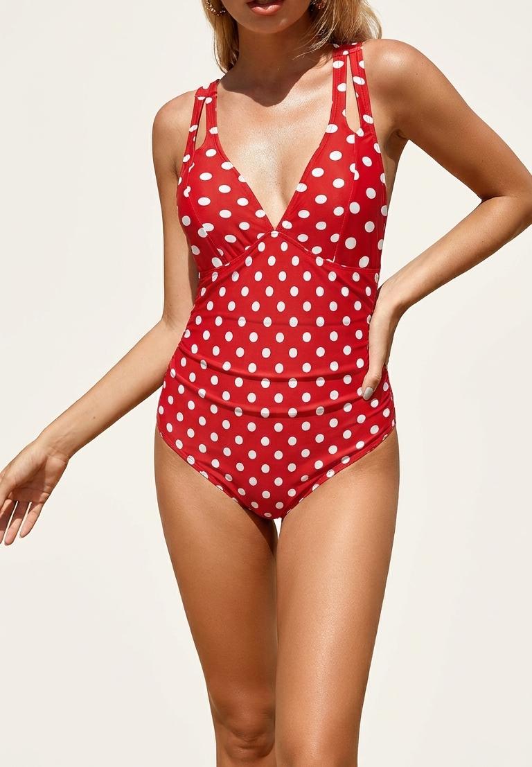 Deep V-Neck Plunge Ruched One-Piece Swimsuit, Cross-Back Tie & Tummy Control, Red Polka Dot