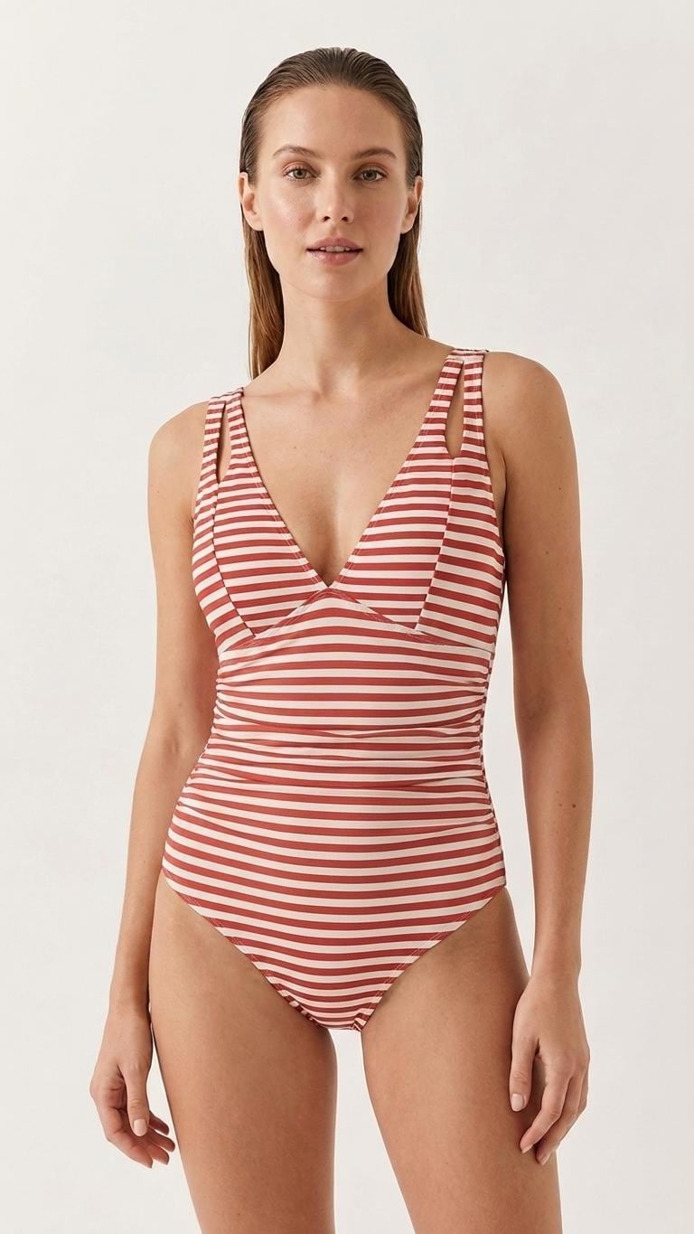 Deep V-Neck Plunge Ruched One-Piece Swimsuit, Cross-Back Tie & Tummy Control, Red Stripes