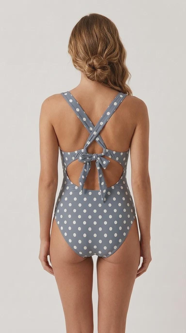 Deep V-Neck Plunge Ruched One-Piece Swimsuit, Cross-Back Tie & Tummy Control, Blue Polka Dot