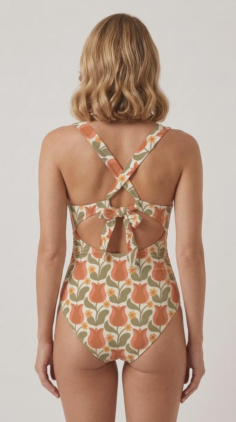 Deep V-Neck Plunge Ruched One-Piece Swimsuit, Cross-Back Tie & Tummy Control, Mid-Century Florals