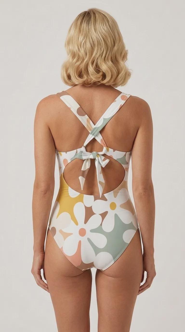 Deep V-Neck Plunge Ruched One-Piece Swimsuit, Cross-Back Tie & Tummy Control, Retro Florals