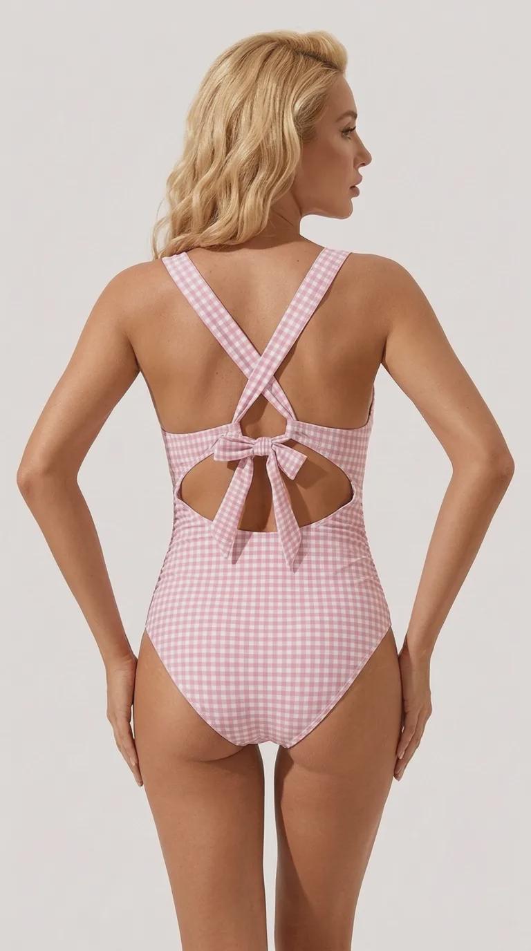 Deep V-Neck Plunge Ruched One-Piece Swimsuit, Cross-Back Tie & Tummy Control, Pink Gingham