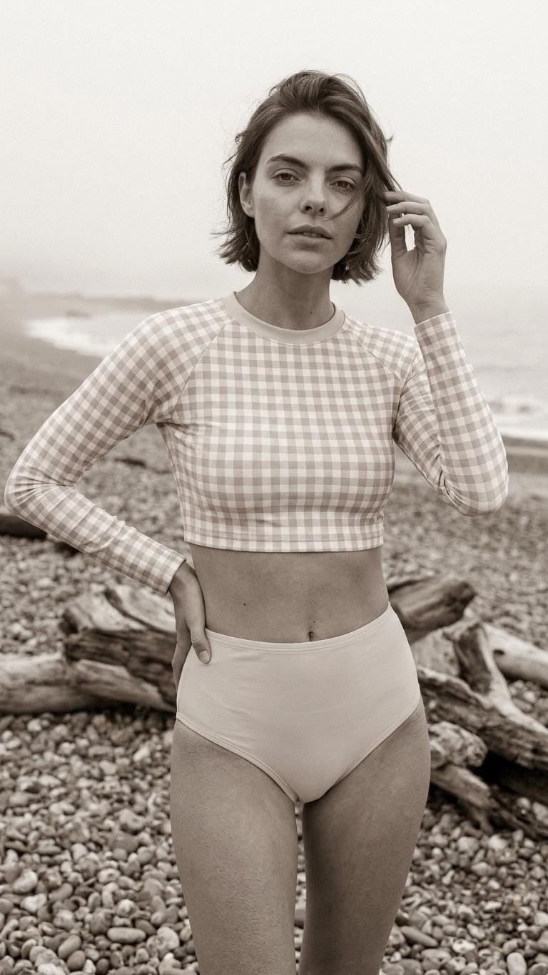 Retro Gingham Surf Suit | Long Sleeve Crop Top Bikini Swimwear Set