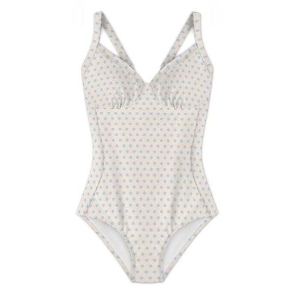 Retro Romantic Push-Up One-Piece Swimsuit with Lace-Up Back, Off-White and Pale Blue Polka-Dot