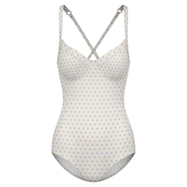 Retro Romantic Push-Up One-Piece Swimsuit with Lace-Up Back, Off-White and Pale Blue Polka-Dot