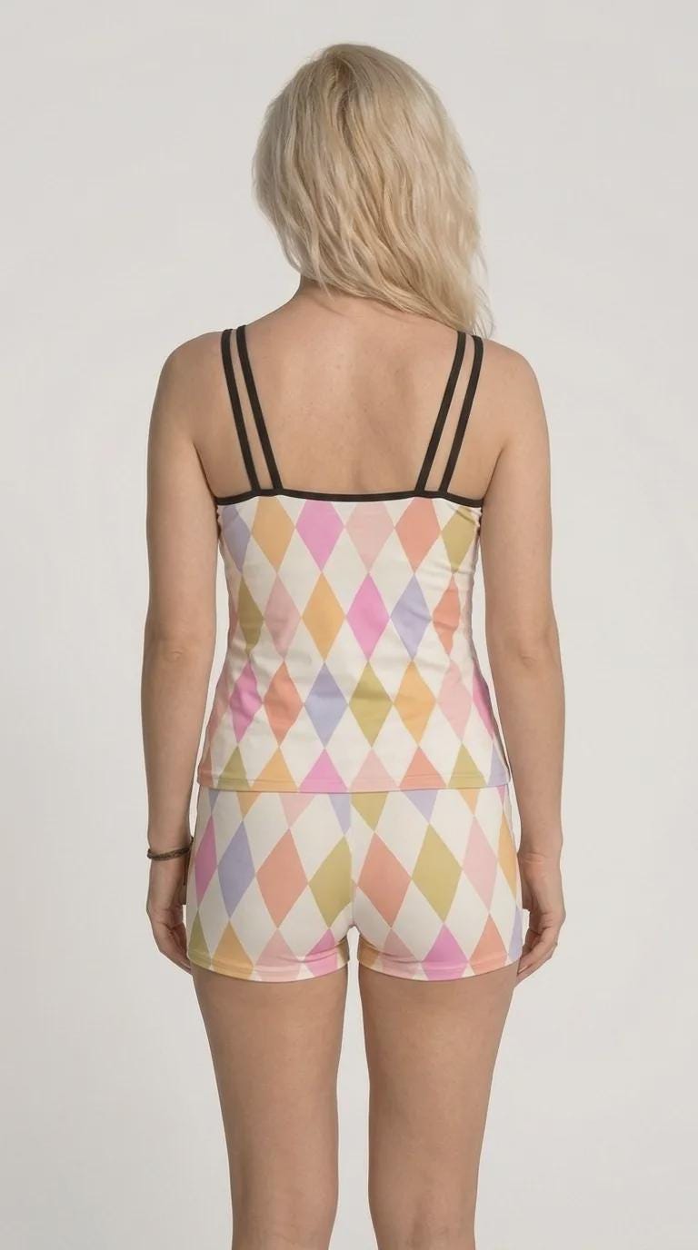 Retro Double Strap Tankini Set with Swim Shorts, Vintage-Inspired Swimwear, Retro Harlequin