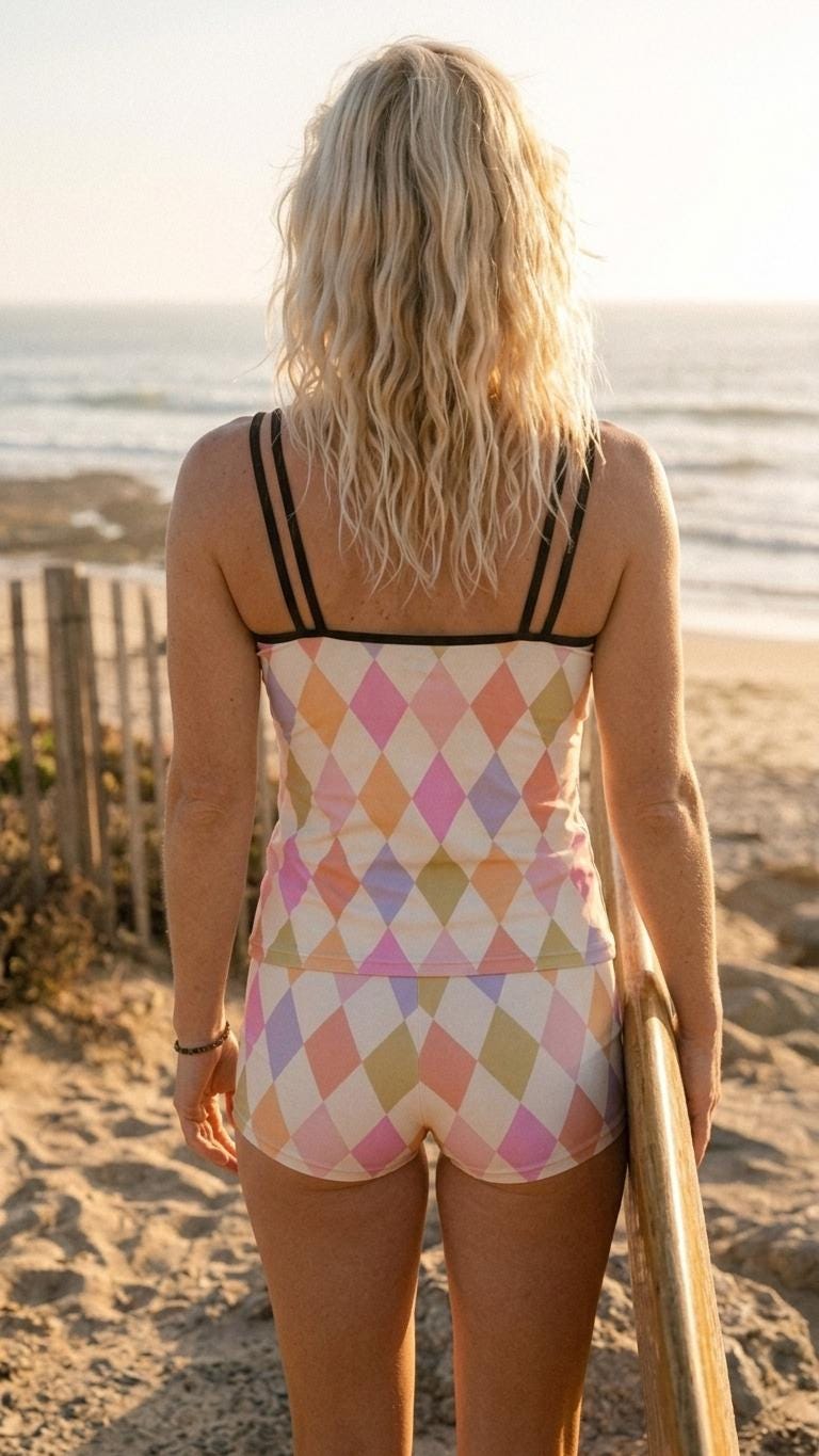 Retro Double Strap Tankini Set with Swim Shorts, Vintage-Inspired Swimwear, Retro Harlequin