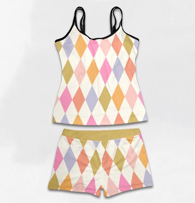 Retro Double Strap Tankini Set with Swim Shorts, Vintage-Inspired Swimwear, Retro Harlequin