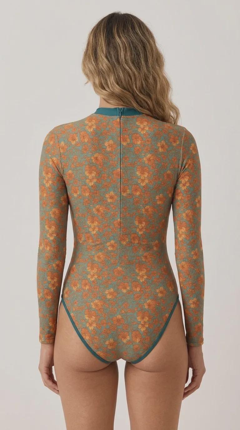 Retro Look Long-Sleeve One-Piece Swimsuit - Back-Zipper - Lightweight - Vintage Florals