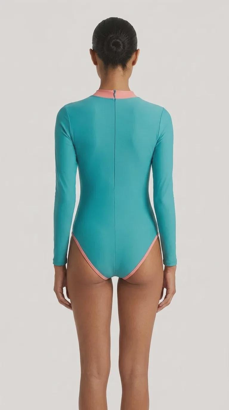 Retro Long-Sleeve One-Piece Swimsuit - Back Zipper - Lightweight - Soft Chest Pads - Blue with Pink Details