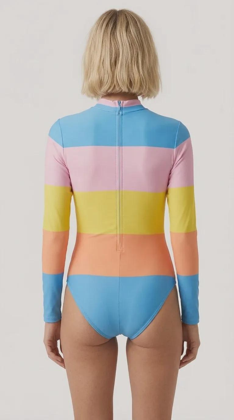 Retro Long-Sleeve One-Piece Swimsuit - Back Zipper - Lightweight - Soft Chest Pads - Multicolour Stripes