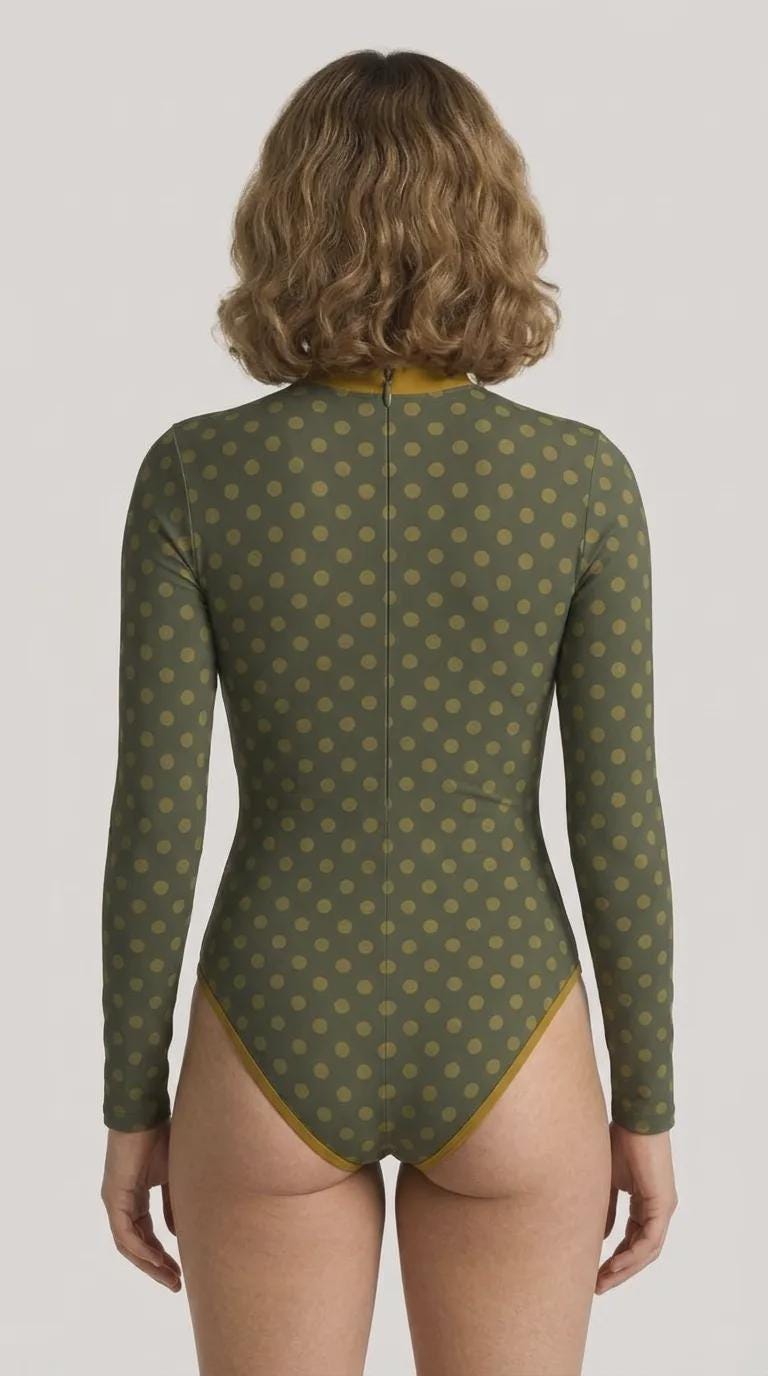 Polka Dot Lightweight Back Zipper One-Piece Swimsuit, Long-Sleeve Olive Green & Mustard Bathing Suit