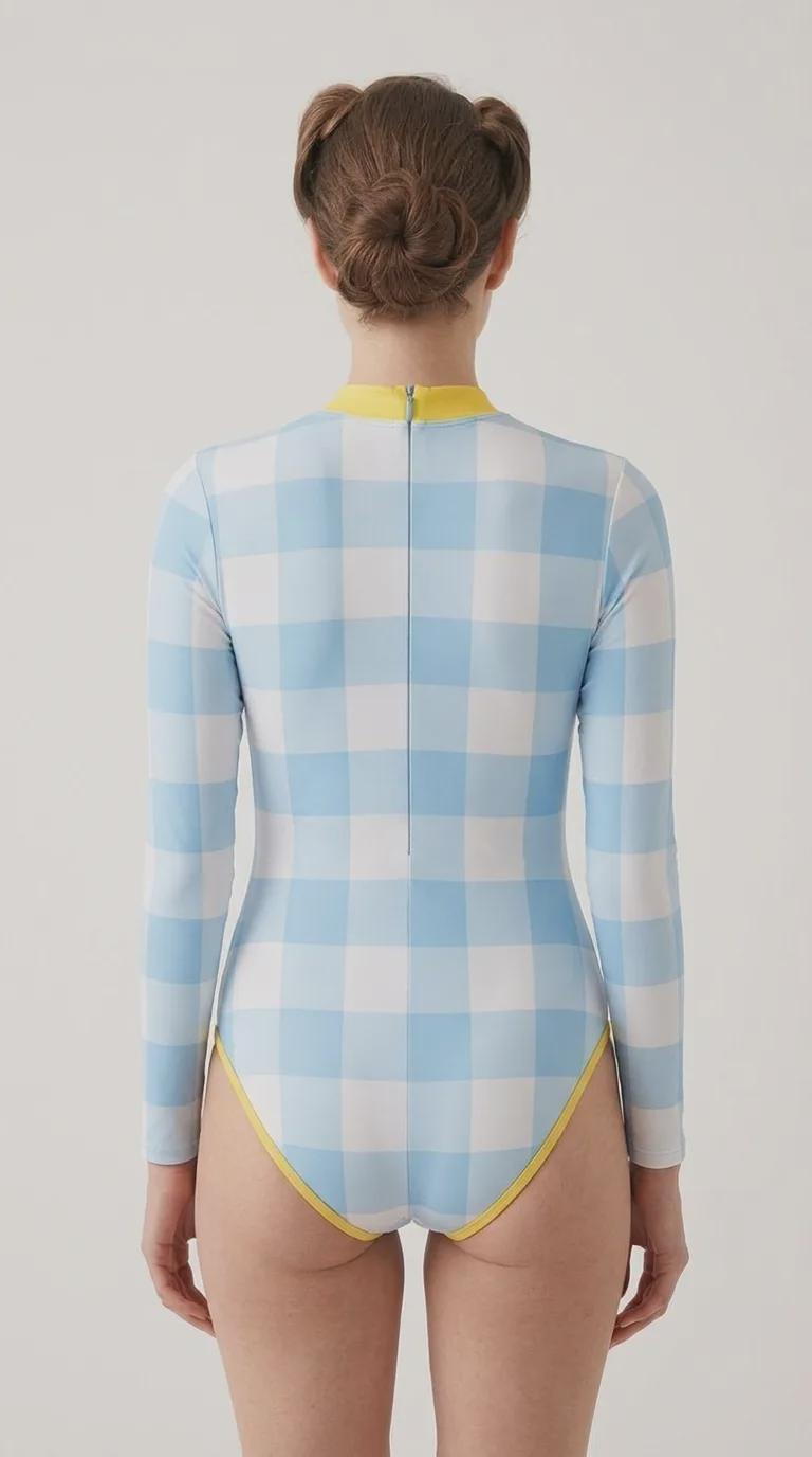 Retro Look Long-Sleeve One-Piece Swimsuit - Back-Zipper - Lightweight - Large Checkered Blue Gingham