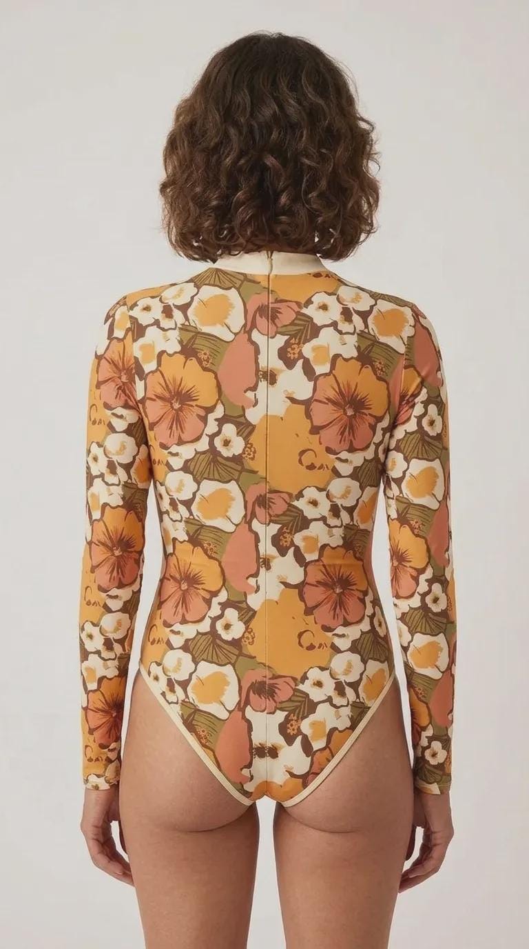 Boho 1960s Floral Psychedelic Retro Long-Sleeve One-Piece Swimsuit - Back Zipper - Soft Chest Pads