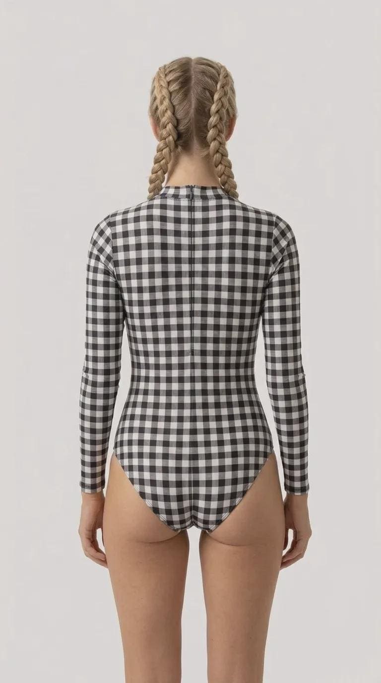 Retro Look Long-Sleeve One-Piece Swimsuit - Back-Zipper - Lightweight - Checkered Gingham - Various Colours