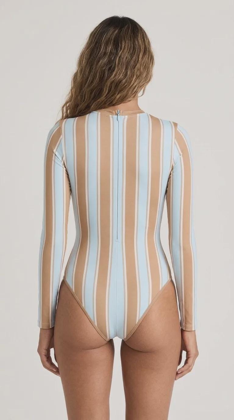 Retro Striped One-Piece Swimsuit - Long Sleeve, Back Zipper, Lightweight - Brown & Blue