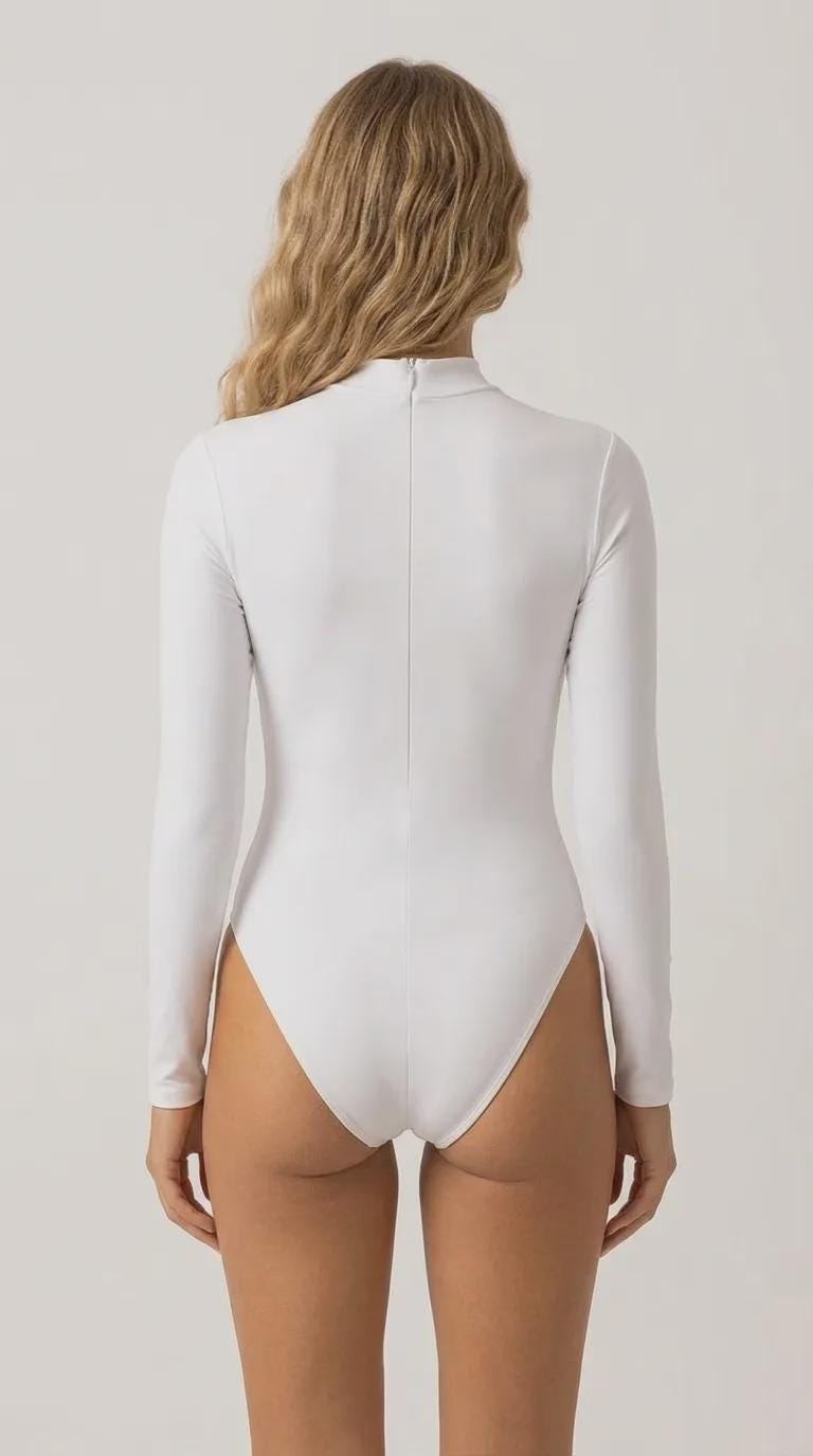 White Long Sleeve Swimsuit, Back Zipper Coquette Soft Goth, Lightweight & Sheer, Soft Chest Pads