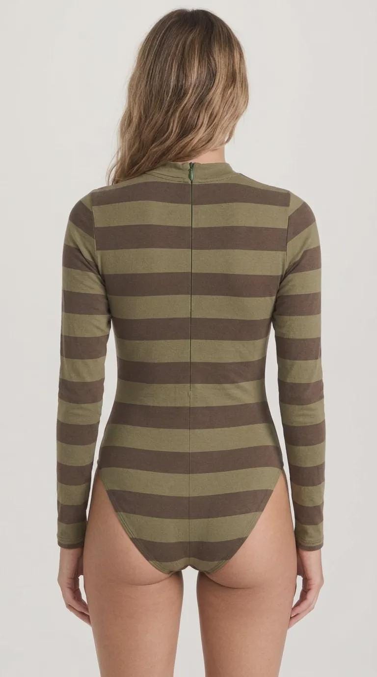 Retro Long-Sleeve One-Piece Swimsuit - Back Zipper - Lightweight & Sheer, Soft Chest Pads - Brown/Olive Stripes