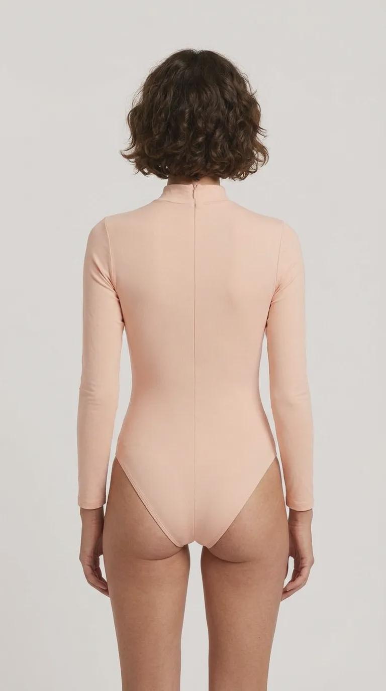 Retro Long-Sleeve One-Piece Swimsuit - Back Zipper - Lightweight - Soft Chest Pads - Peach Pink